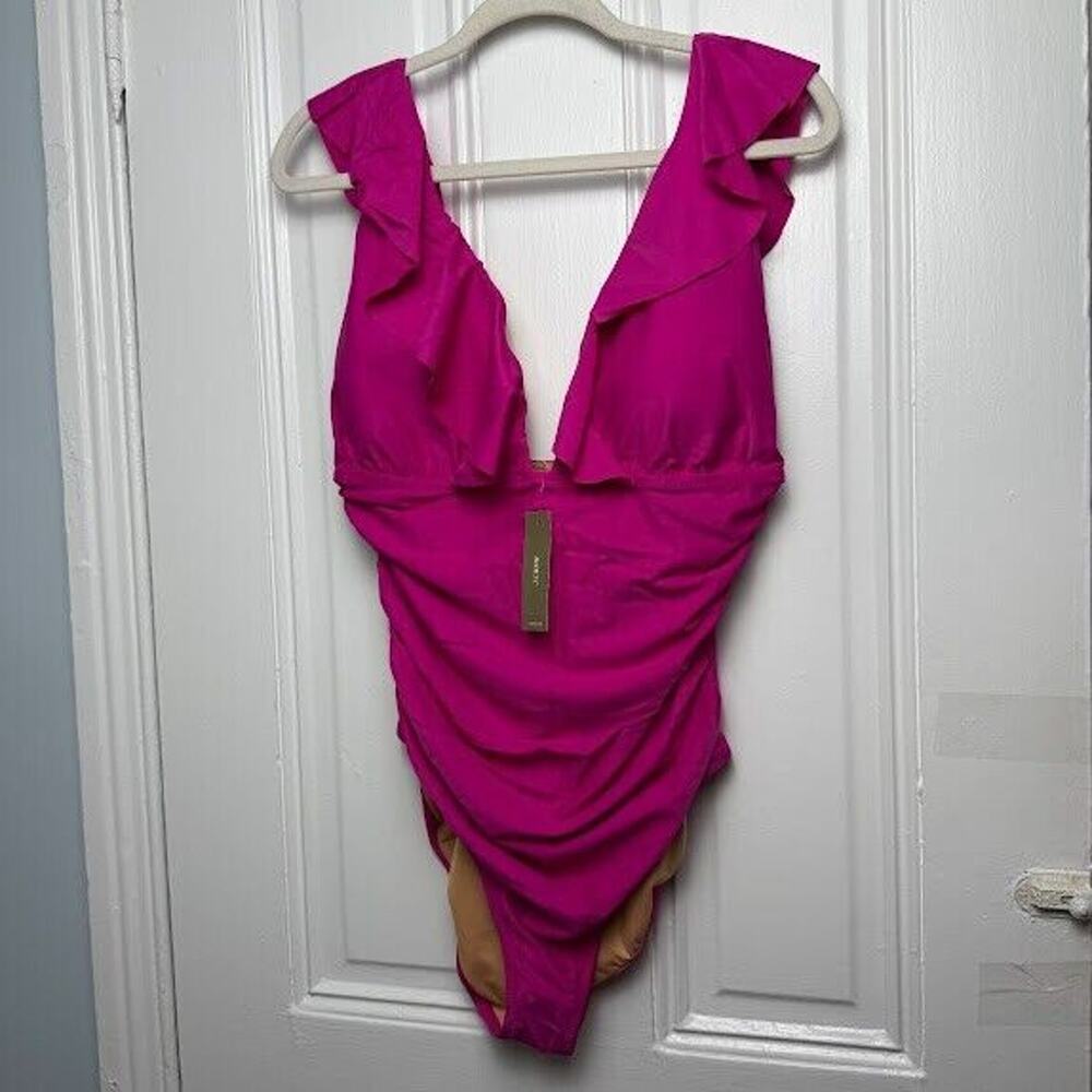 J Crew Swimsuit Womens 16 Pink Ruched Ruffle One Piece Sleeveless V Neck NWT